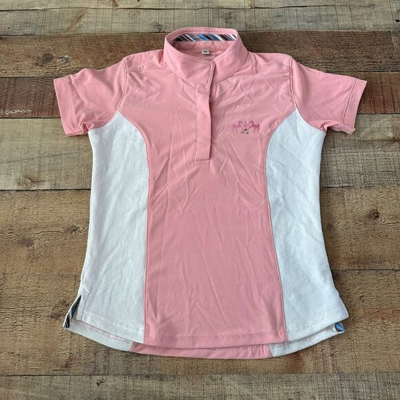 Equine Couture Girls Cara Short Sleeve Show Shirt Polo in Pink and White -M - Picture 1 of 10